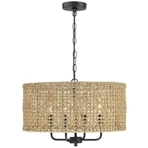 Cape 20 in. 4-Light Bohemian Drum Chandelier with Lime Hand Woven Shade