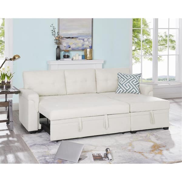 HOMESTOCK Cream Tufted Sectional Sofa Sleeper with Storage Twin