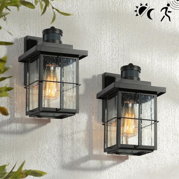 Modern Black Motion Sensing Outdoor Sconce with Seeded Glass Shade, Farmhouse 1-Light Front Door Wall Lantern (2-Pack)
