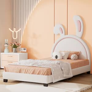 White Wood Frame Twin Size Upholstered Leather Platform Bed with Bunny Ears Headboard
