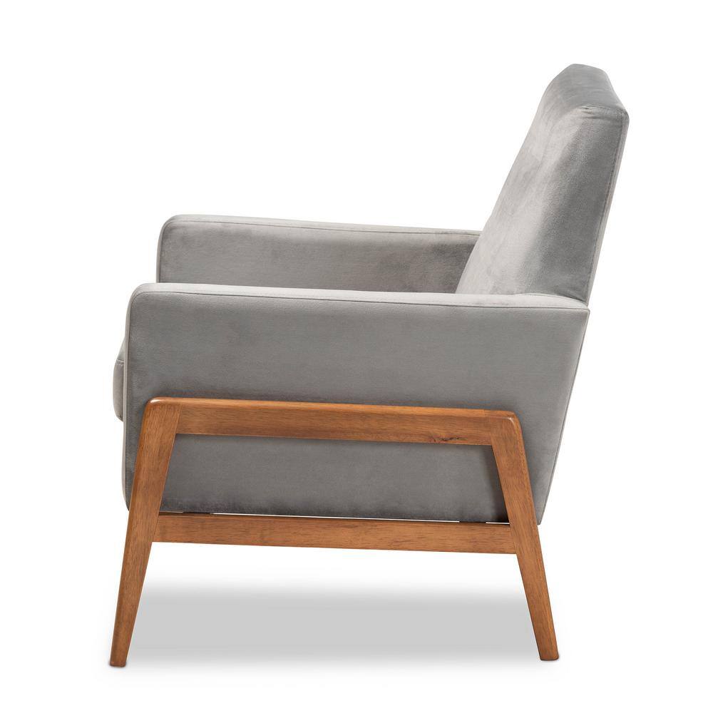 Perris Grey Velvet and Walnut Brown Wood Accent Chair