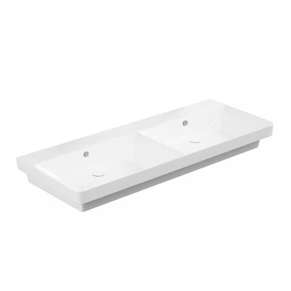WS Bath Collections Luxury 120 WG Wall Mount or Drop-In Rectangular Bathroom Sink in Glossy White without Faucet Hole