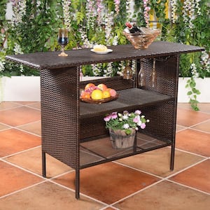 Brown Wicker Rectangle Outdoor Bar Table with Cup Holders