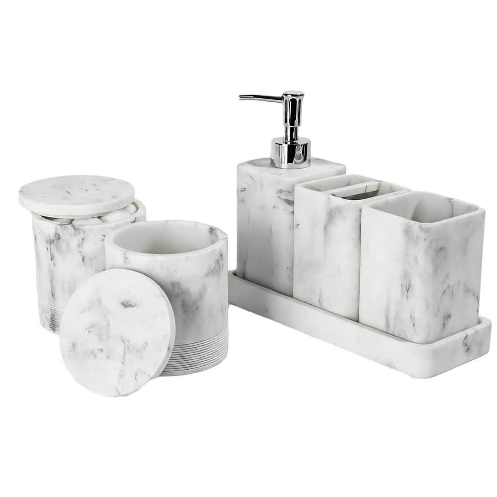6-Piece Bathroom Accessory Set with Toothbrush Holders, Soap Dispenser, Vanity Tray, Tumbler, Cotton Swab Jars in White price history on PriceWatchPro