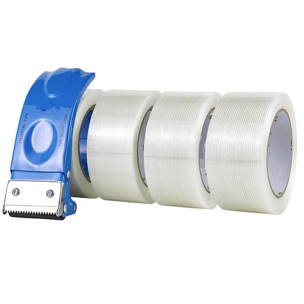2 in. Heavy Duty Fiberglass Reinforced Packing Tape with Dispenser for Moving and Shipping 4 Rolls 140 yds. Total