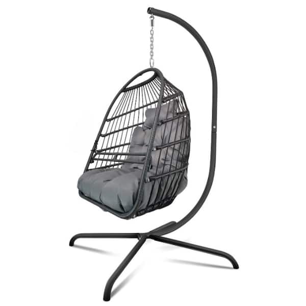 1-Person Rattan Metal Patio Swing Egg Chair with Stand Indoor Outdoor Hanging Chair with C-Type Bracket and Gray Cushion