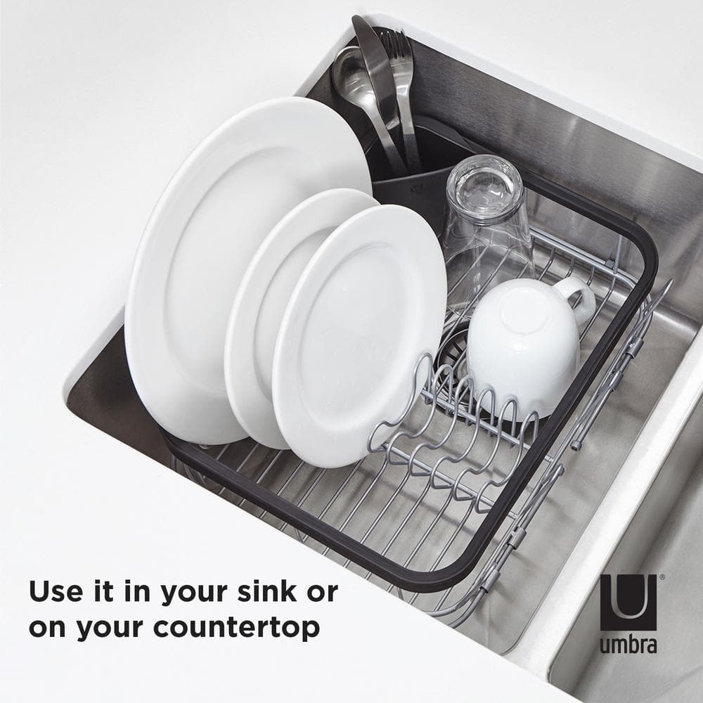 Black and Nickel Metal Dish Rack with Utensil Cup
