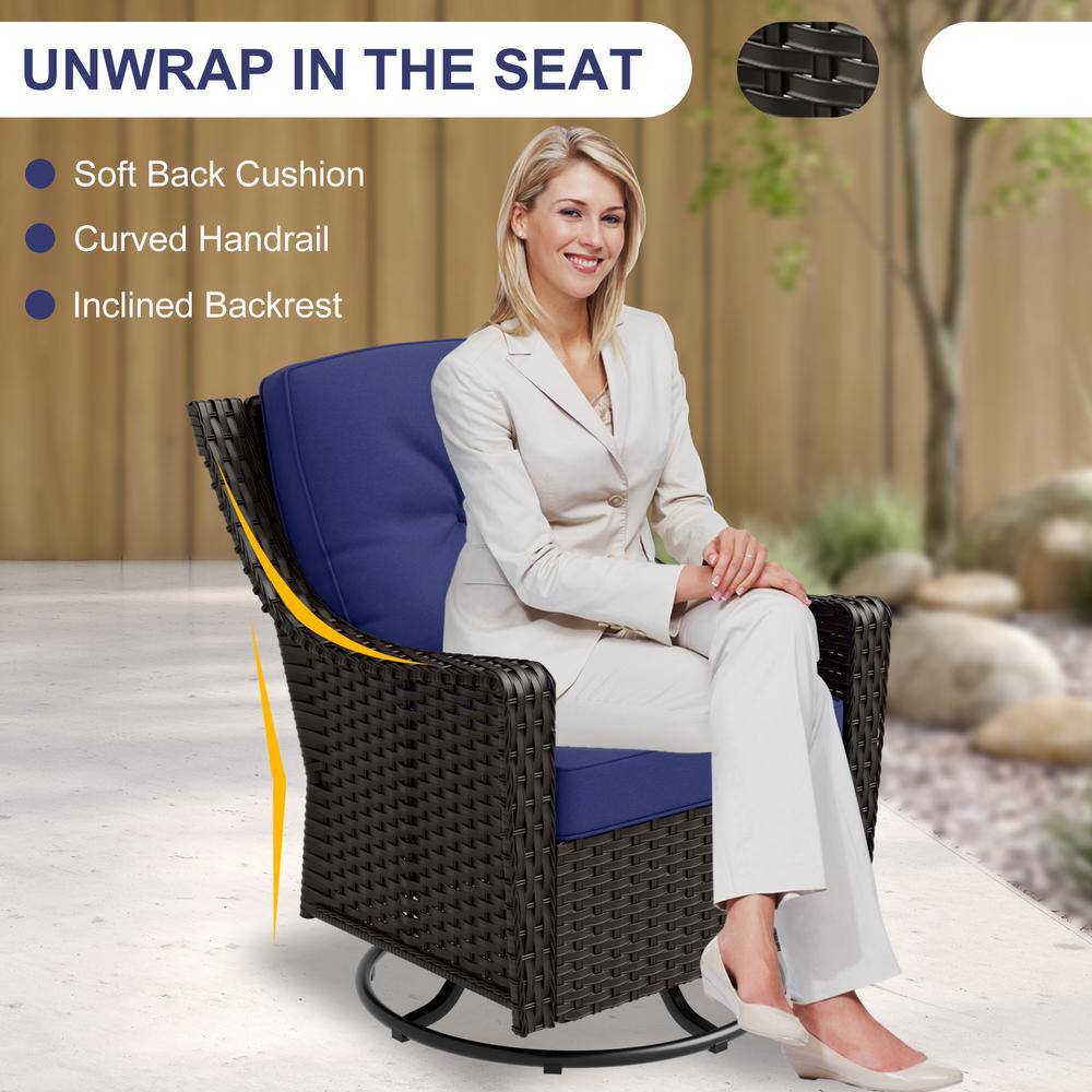 Azure Bay 3-Piece Brown Steel Wicker Outdoor Bistro Set with Blue Cushions