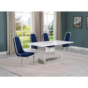Lisa 5-Piece Rectangular White Marble Top Chrome Base Dining Set with Navy Blue Velvet Chairs Seats 4.