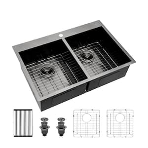 33 in. Drop in Double Bowl 18 Gauge Gunmetal Black Stainless Steel Kitchen Sink