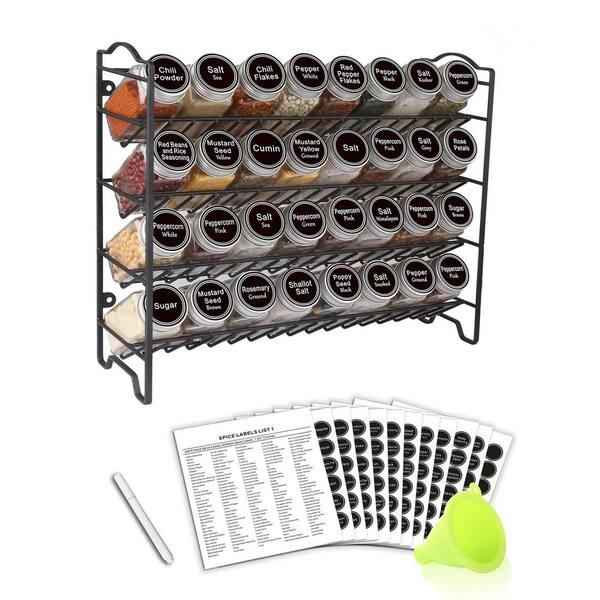 4-Shelf Black Wall Mount Spice Rack Organizer Set with 32 Glass Jars and 396 Labels for Cabinet or Countertop