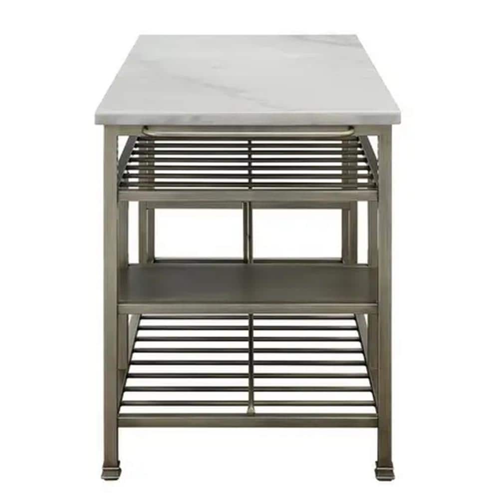 Elegant Gunmetal and White Marble Kitchen Island with Slated Shelves