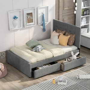 Linen Upholstered Gray Full Size Platform Bed With Headboard and 2-Drawers