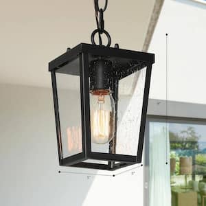 Modern Coastal Black 1-Light Lantern Outdoor Pendant Light with Seeded Glass shade Mini Hanging Pendant for Patio Porch