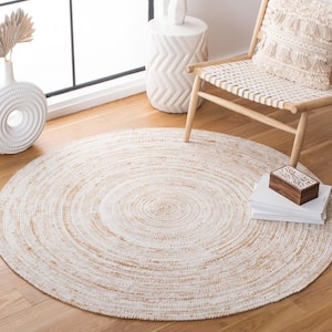 Braided Ivory/Brown 4 ft. x 4 ft. Round Striped Area Rug