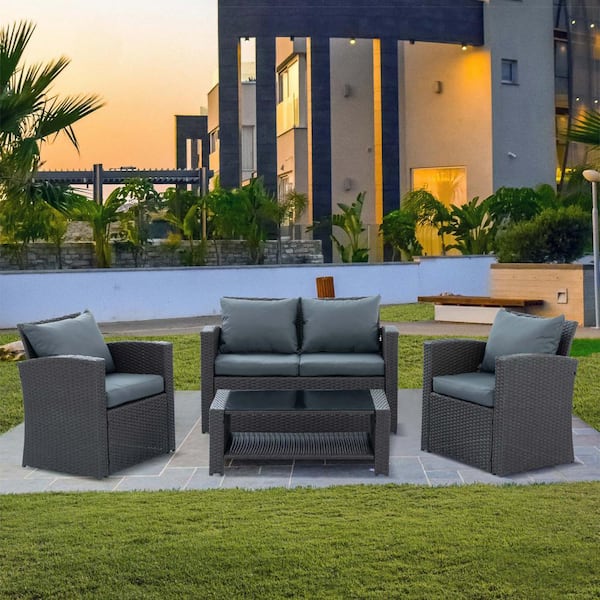 JimsMaison 4-Piece PE Wicker Patio Conversation Set with Grey Cushions