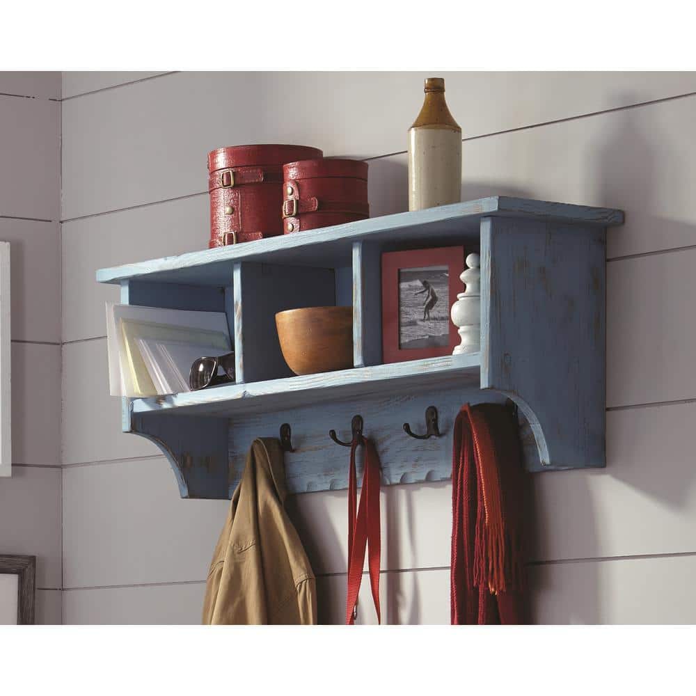 Alaterre Country Cottage Coat Hook with Storage Cubbies, Blue Antique