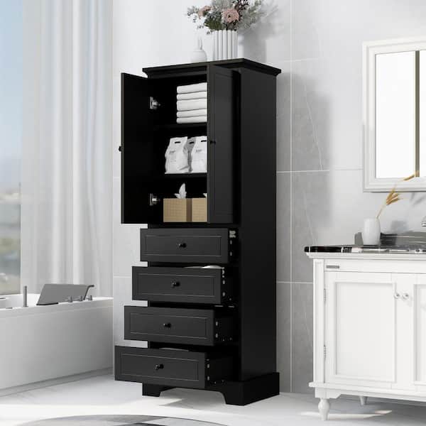 Zeus & Ruta 23.6 in. W x 15.7 in. D x 68.1 in. H Black Wood Linen Cabinet Storage Cabinet with 2 Doors 4 Drawers Adjustable Shelf