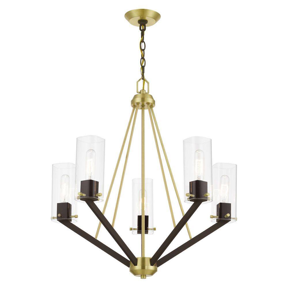 Satin Brass and Bronze 5-Light Mid-Century Modern Chandelier