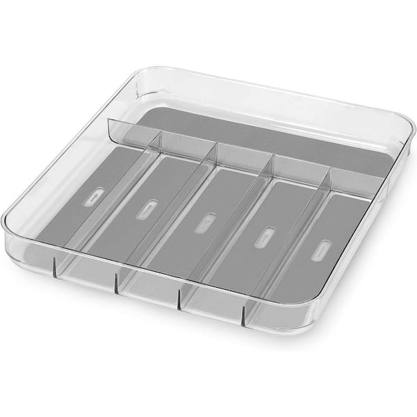 Adrinfly Light Gray Cutlery Drawer Organizer, Silverware Tray Clear Soft Grip, 6-Compartment, Non-Slip Feet BPA-Free