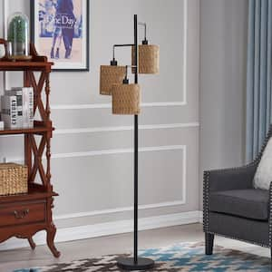 New York 65 in. H Black Farmhouse Tree Floor Lamp with 3 Natural Paper Rope Shades