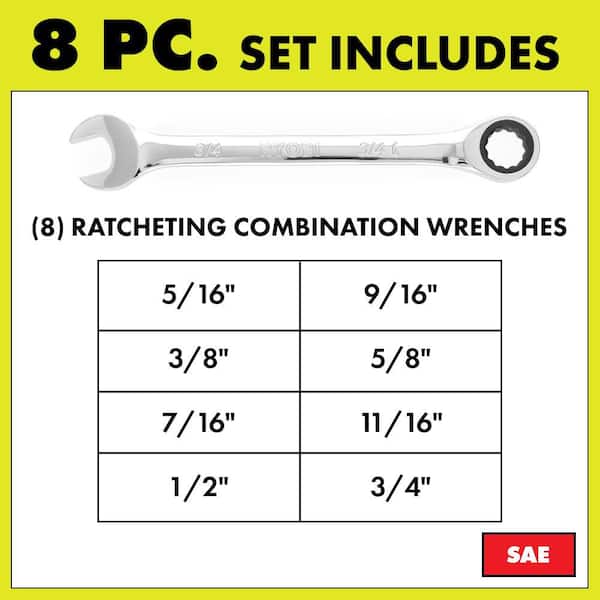 8-Piece SAE Ratcheting Combination Wrench Set