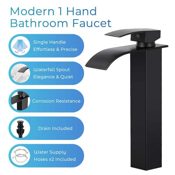 Waterfall Single Handle Vessel Sink Faucet with Pop-Up Drain in Matte Black