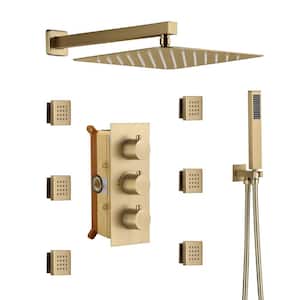 1-Spray Patterns with 2.5 GPM 12 in. Wall Mount Dual Shower Heads with Body Sprays in Brushed Gold
