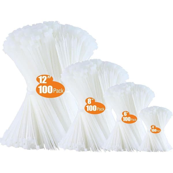 UV Resistant Nylon Cable Zip Tie 4/6/8/12 in. Assorted Sizes Black 400-Pack for Home, Office, Gardening