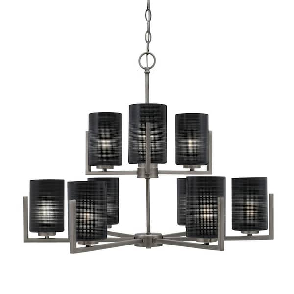 Unbranded Cottonwood 9-Light Graphite Chandelier, Round Chandelier with 4 in. Black Matrix Glass Shades no bulbs included