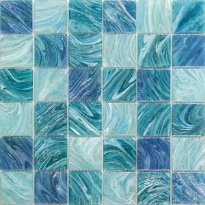 Aqua Blue Sky Mesh-Mounted Squares 11-3/4 in. x 11-3/4 in. Glass Mosaic Tile