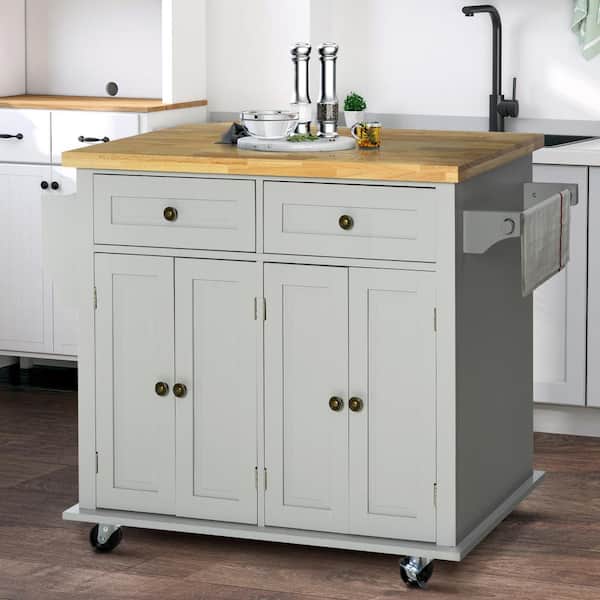 Rolling Gray Rubberwood Top 44 in. Kitchen Island with Drawers and Adjustable Shelves