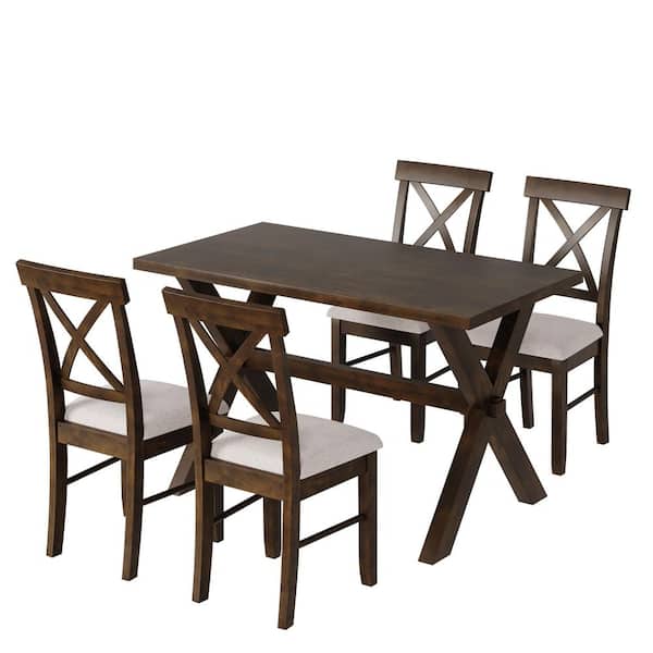 maocao hoom 45.5 in Brown and Beige Wood Kitchen Dining Table Set with Upholstered 4 X-Back Chairs