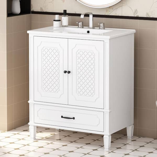 Sylvan 30 in. Modern Bathroom White Bath Vanity with White Ceramic Top Sink, Drawer, Shelf, Cabinet, Acacia Wood, MDF