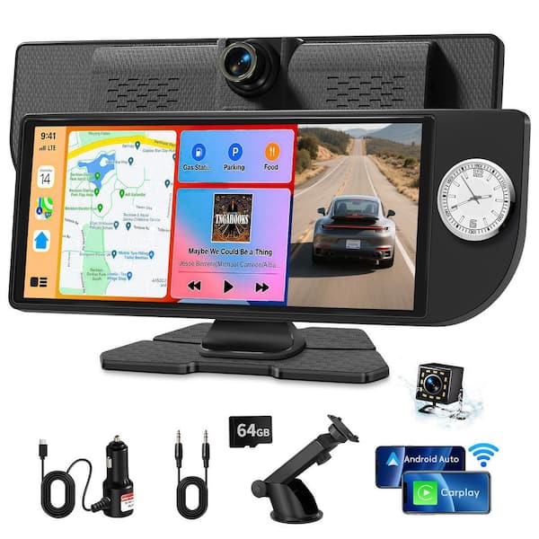10.26 in HD Touch Screen Car Stereo, with CarPlay, Android Auto, White Built-in Clock, Dual Cameras