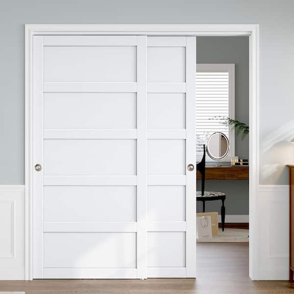 72 in. x 80 in. (Double 37 in.) 5-Lite Solid Core Wood White Finished Composite Wood Sliding Door with Hardware