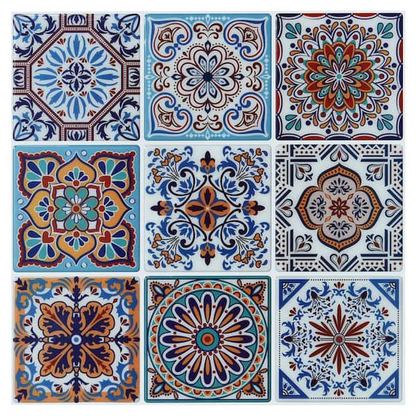 Colorful Talavera Mexican Peel and Stick Backsplash Tile, 12 in. x 12 in., 10-Pack