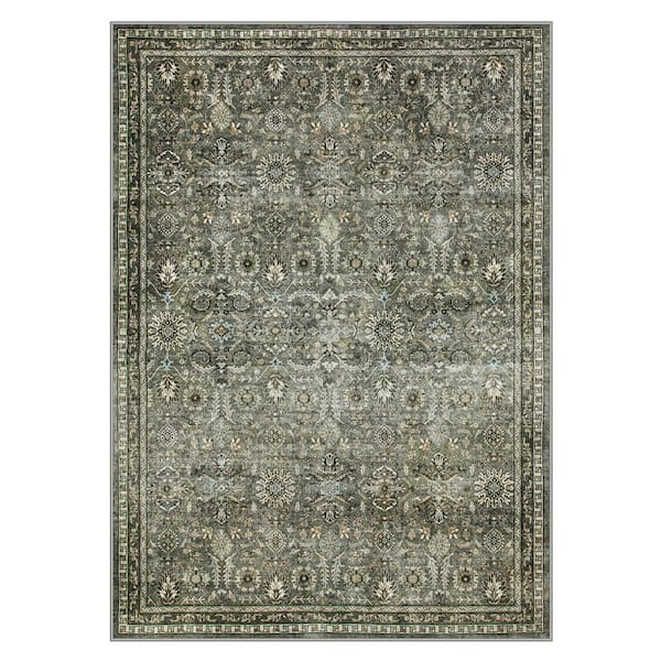 5 ft. x 7 ft. Green Retro Full Floral Plant Washable Area Rug