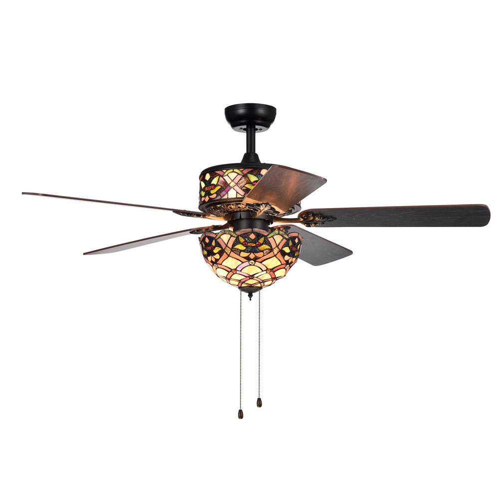Kalsti Matte Black 52-Inch Tiffany Glass Chandelier Ceiling Fan