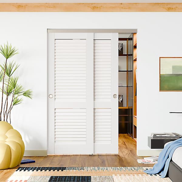 60 in. x 80 in. White, Solid Core, MDF and DIY Painted Double Louvered Panel Bypass Sliding Door with Aluminum Hardware