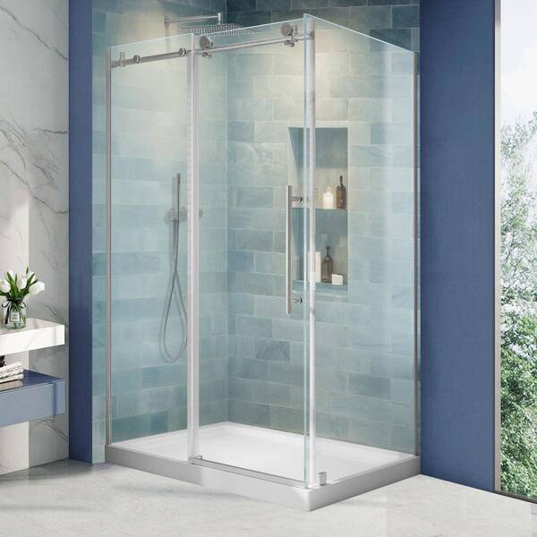44-48 in. W x 32 in. D x 72 in. H Frameless Corner Sliding Shower Door Enclosure in Brushed Nickel 5/16 in. Clear Glass