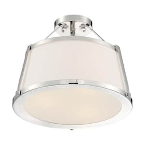 Cutty 15.5 in. 3-Light Polished Nickel Contemporary Semi-Flush Mount with White Fabric Shade and No Bulbs Included