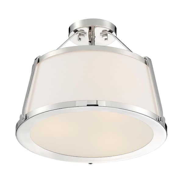 Cutty 15.5 in. 3-Light Polished Nickel Contemporary Semi-Flush Mount with White Fabric Shade and No Bulbs Included