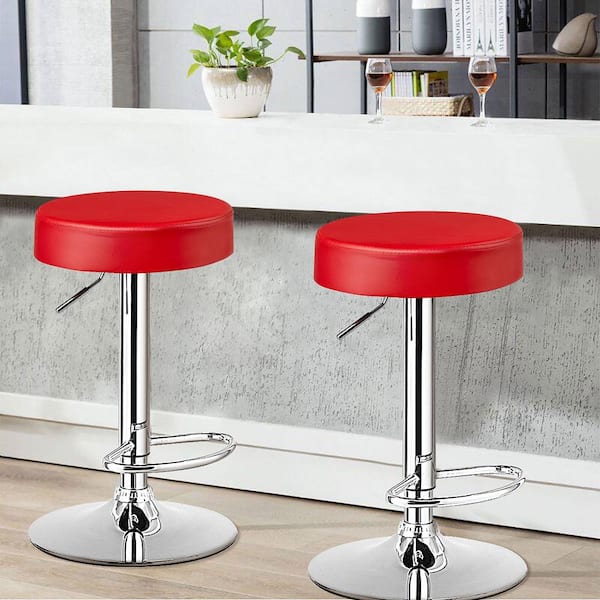 26 in.-34 in. Red Backless Steel Height Adjustable Swivel Bar Stool with PU Leather Seat (Set of 2)