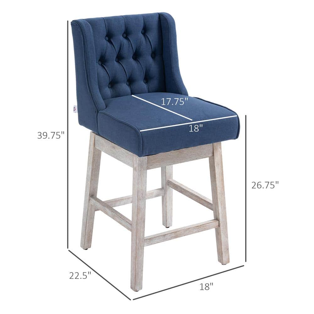 Blue Tufted Swivel Bar Stools with Wood Footrests, Set of 2