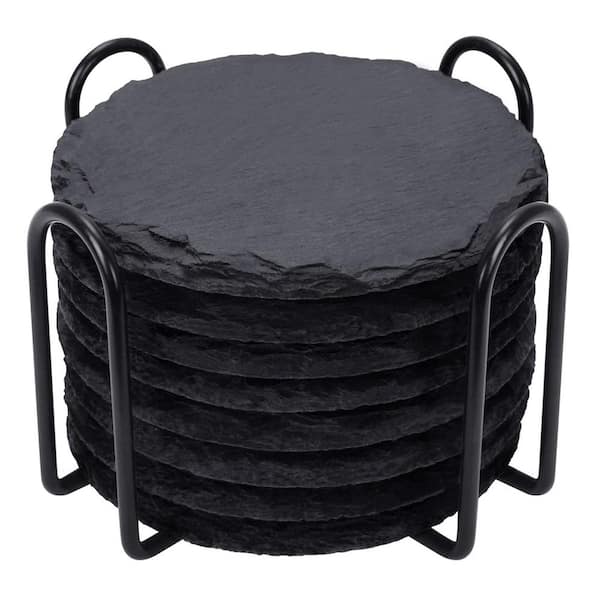 4 Inch Stone Coaster Set Coffee Table Decor with Metal Holder in Black (Set of 8)