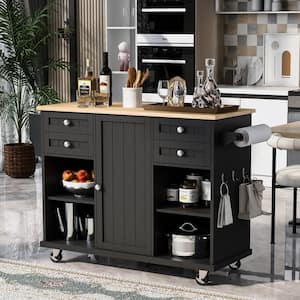 Black Kitchen Island with Spice Rack, Towel Rack and Drawer and Rubber Wood Desktop