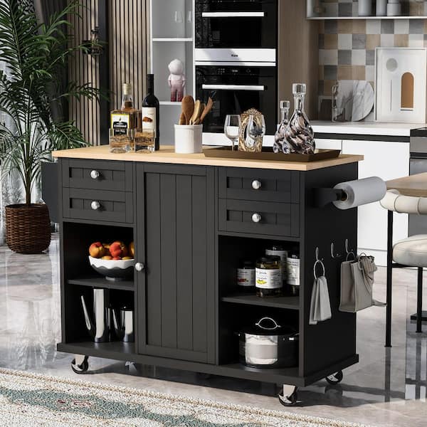 Tatahance Black Kitchen Island with Spice Rack, Towel Rack and Drawer and Rubber Wood Desktop