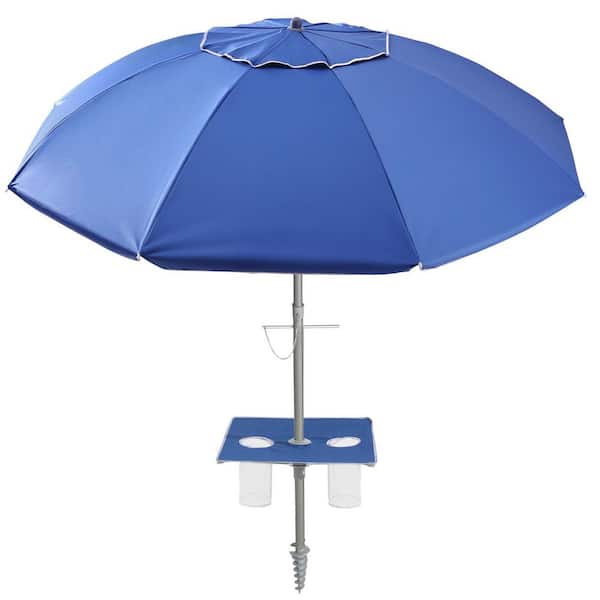 7 ft. Metal Tilt Beach Umbrella with Sand Anchor and Carry Bag, Built-in Table Tray in Dark Blue