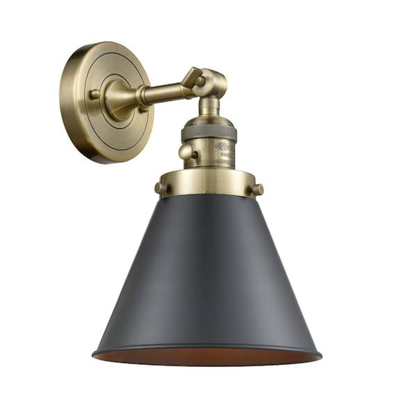 Appalachian 1-Light Matte Black, Antique Brass Wall Sconce with Black Metal Shade